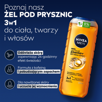 Żel NIVEA MEN Active Energy 3w1 z kofeiną, żółta butelka z niebieską nakrętką, widok z przodu.