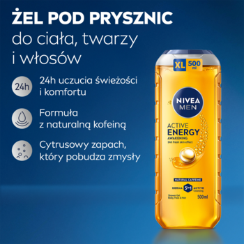 Żel pod prysznic NIVEA MEN Active Energy 3w1 z kofeiną, żółta butelka 500ml, widok z przodu na niebieskim tle.