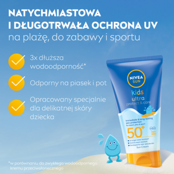 NIVEA SUN Kids Ultra balsam SPF 50+, niebieska tuba. 3x odporny na wodę, pot i piasek. Ochrona UV dla dzieci.