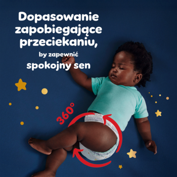 Śpiące dziecko w Pampers Night Pants, podkreślono 360° dopasowanie zapobiegające przeciekaniu w nocy.