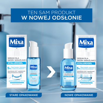 Mixa Hyalurogel serum dla skóry wrażliwej: stare i nowe opakowanie. Dwie błękitne butelki z pompką na tle łazienki.