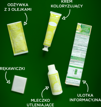 Zestaw do farbowania Garnier Color Naturals 1000 Ultra Blond: krem, odżywka, mleczko, rękawiczki, ulotka na zielonym tle.