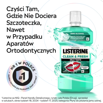 Butelka Listerine Clean & Fresh Zero Alcohol, zielony płyn do płukania ust, czyści tam, gdzie nie dociera szczoteczka.