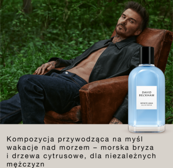 David Beckham Infinite Aqua, świeża męska woda perfumowana, jasnoniebieska butelka z boku, Beckham w fotelu.