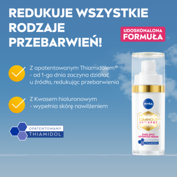 Białe NIVEA Luminous630 Serum z Thiamidolem w butelce z pompką, żółty detal, na tle błękitnego nieba.