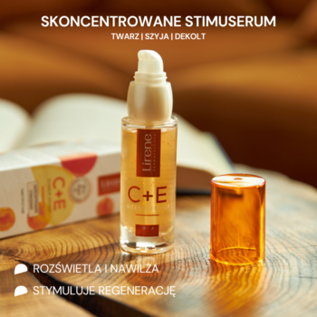Lirene C+E Skoncentrowane StimuSerum do twarzy i szyi, pomarańczowa butelka z pompką na drewnie.