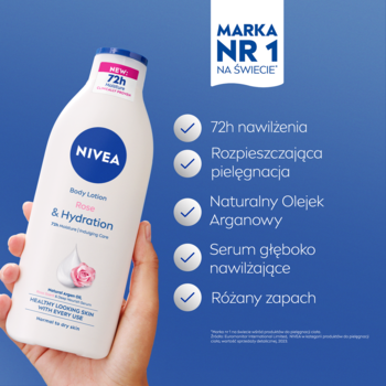Biała butelka balsamu NIVEA Rose & Hydration trzymana w dłoni, z opisem 72h nawilżenia i olejkiem arganowym.