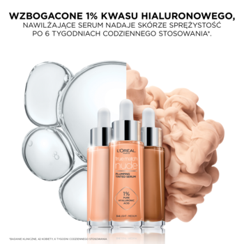 Trzy butelki L'Oréal True Match Nude serum-podkład z 1% kwasem hialuronowym i teksturą, widok z przodu.