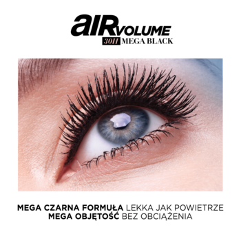 L'Oréal Paris Air Volume Mega Black, zbliżenie oka z mocno pogrubionymi, czarnymi rzęsami.