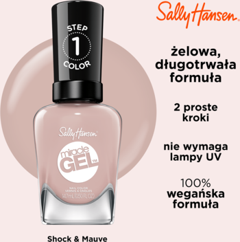 Butelka żelowego lakieru Sally Hansen Miracle Gel, odcień Shock & Mauve, trwała formuła, bez lampy UV.