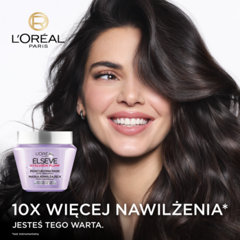 L'Oréal Elseve Hyaluron Plump maska do włosów 10x nawilżenia. Kobieta z gęstymi włosami trzyma fioletowe opakowanie.