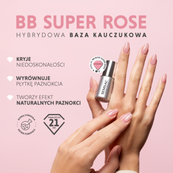Różowa baza hybrydowa Semilac BB Super Rose na dłoni z zadbanymi paznokciami, zapewnia naturalny efekt.