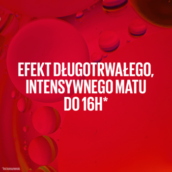 Czerwone tło z unoszącymi się kulami, biały tekst o 16H matowym efekcie szminki Maybelline Super Stay Matte Ink.