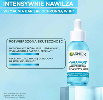 Niebieskie serum Garnier Hyaluron Barrier Repair Replumping, w szklanej butelce z kroplomierzem, intensywnie nawilża skórę.