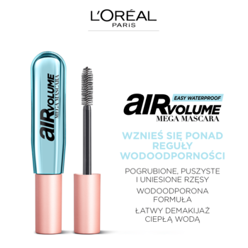 L'Oréal Air Volume Easy Waterproof Mega Mascara, turkusowy tusz z różową zakrętką, widok z wyjętą szczoteczką.