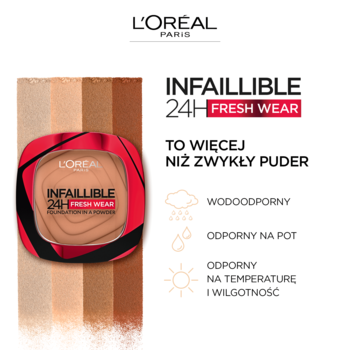 L'Oréal Infaillible 24H Fresh Wear puder-podkład w beżowym kompakcie, na tle próbek kolorów.