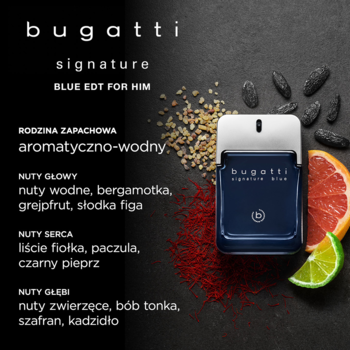 Bugatti Signature Blue EDT dla mężczyzn, ciemnoniebieski flakon ze srebrnym korkiem, otoczony cytrusami i przyprawami.