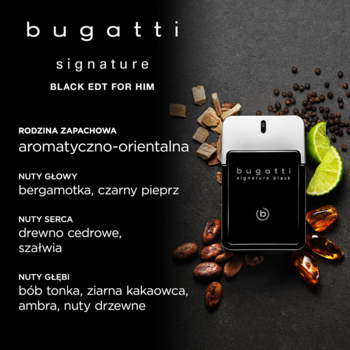 Bugatti Signature Black EDT For Him, orientalna woda toaletowa, butelka 75ml na tle ziaren kakao, pieprzu, limonki.