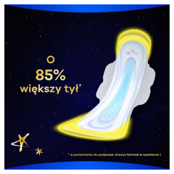 Always Ultra Secure Night podpaska, rozmiar 5, z żółtą poświatą i niebieskim rdzeniem na nocnym tle. O 85% większy tył.