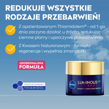 NIVEA LUMINOUS630 Regenerujący krem na noc w niebiesko-złotym słoiczku. Z Thiamidolem i kwasem hialuronowym.