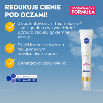 NIVEA Luminous630 krem pod oczy, biało-złota tubka na tle nieba. Opis benefitów: redukcja cieni, Thiamidol, hialuronowy, kofeina.