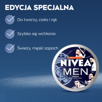 NIVEA MEN CRÈME Edycja Specjalna, krem do twarzy i ciała o świeżym zapachu, w okrągłej puszce z piłkarzami na niebieskim tle.
