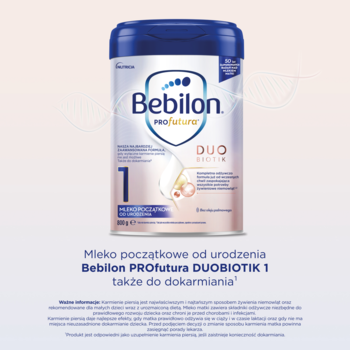 Bebilon PROfutura DUOBIOTIK 1, mleko początkowe od urodzenia, biało-niebieskie opakowanie z cyfrą 1, widok z przodu.