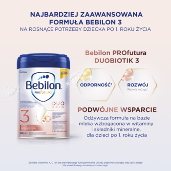 Mleko Bebilon PROfutura DUOBIOTIK 3 w niebiesko-białej puszce, wspiera odporność i rozwój po 1 roku życia.