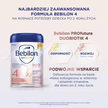 Puszka mleka Bebilon PROfutura DUOBIOTIK 4, wspierająca odporność i rozwój dzieci po 2. roku życia, widok z przodu.