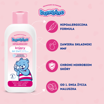 Biała butelka żelu Bambino Kojący 2w1 z misiem, różową nakrętką, na różowym tle z hasłami i ikonami.