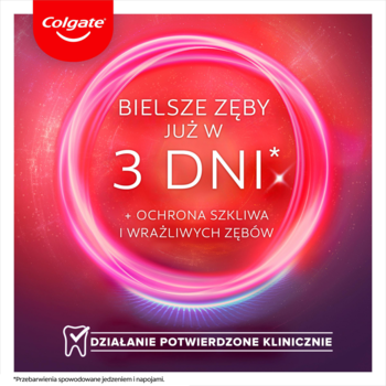 Reklama pasty Colgate: neonowy różowy okrąg z napisem "Bielsze zęby już w 3 dni" na ciemnym tle.