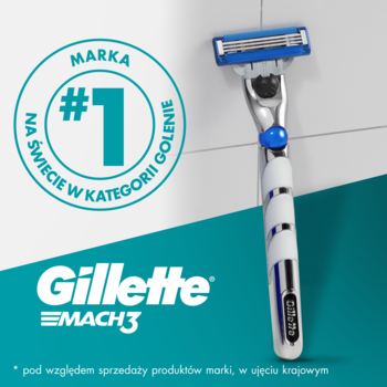 Biało-niebieska maszynka Gillette Mach3 oparta o białe płytki, na tle reklamy z napisem 'Marka #1 w goleniu'.