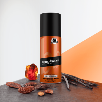 Bruno Banani Absolute Man dezodorant w sprayu, pomarańczowo-czarna butelka, z fasolą tonka i wanilią.