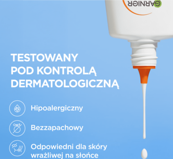 Zbliżenie na fluid SPF 50+ Garnier Ambre Solaire Super UV, z kroplą i widocznymi cechami: hipoalergiczny, testowany.