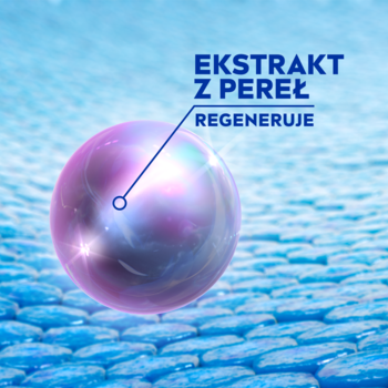 NIVEA Pearl & Beauty: Zbliżenie na lśniącą, fioletową perłę z napisem „Ekstrakt z pereł Regeneruje”.