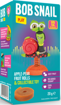 Turkusowe pudełko Bob Snail Play z rolkami jabłkowo-gruszkowymi, zabawką ślimakiem na sprężynie i napisem '12 to collect'.