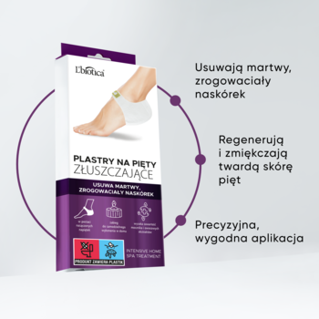 Białe pudełko złuszczających plastrów na pięty, widok z przodu, z fioletowymi akcentami i grafiką stopy.