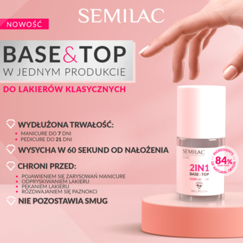 Semilac Base&Top 2w1 do lakierów klasycznych, butelka na różowym tle, dłoń. Szybkoschnący, przedłuża trwałość.