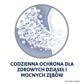 Emblemat Parodontax, płyn i bąbelki, z napisem: "Codzienna ochrona dla zdrowych dziąseł i mocnych zębów".