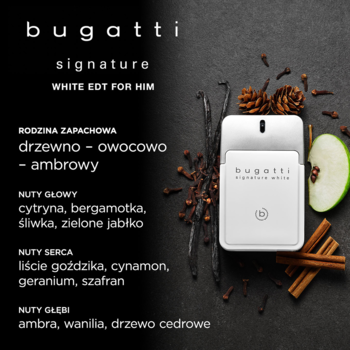 Biała butelka Bugatti Signature White EDT dla mężczyzn, z tekstem i składnikami zapachowymi jak jabłko i wanilia.