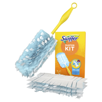 Zestaw Swiffer Duster Kit: żółta miotełka z niebieską końcówką, opakowanie i białe wkłady zapasowe.