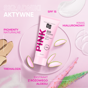 Pink BB Cream Aloes SPF 15 z kwasem hialuronowym i aloesem. Kompozycja z naturalnymi pigmentami i trehalozą.