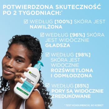 Kobieta trzyma butelkę Garnier, oczyszczającego żelu do twarzy z kwasem hialuronowym, zwężającego pory i nawilżającego.