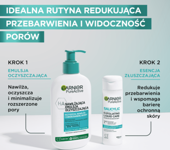 Garnier Pure Active: biała emulsja oczyszczająca z pompką i esencja złuszczająca, obok siebie. Na pory i przebarwienia.