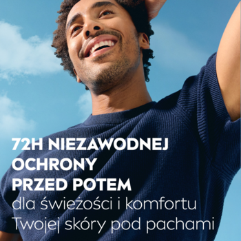 Uśmiechnięty mężczyzna, błękitne niebo, napis "72H ochrony przed potem" NIVEA MEN Fresh Kick sztyft.
