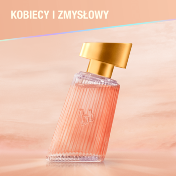 Magnetic Woman Bruno Banani woda perfumowana, ukośny flakon z ryflowanego szkła, złoty korek, płyn brzoskwiniowy.