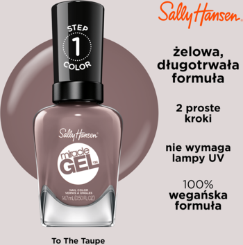 Lakier Sally Hansen Miracle Gel To The Taupe, butelka na tle kropli koloru, bez lampy UV, wegański.