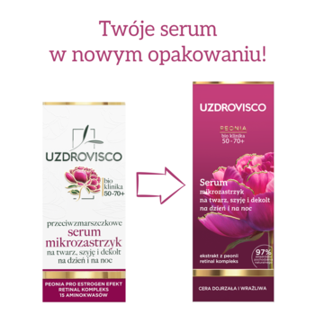 Porównanie: stare (białe) i nowe (fioletowe) opakowanie serum Uzdrovisco Proestrogen 50-70+ przeciwzmarszczkowego.