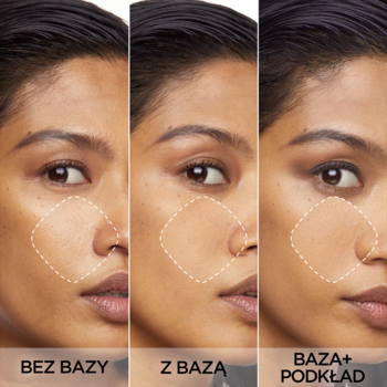 Matujący Prime Lab Matte Setter L'Oréal: porównanie cery bez, z bazą i z podkładem na twarzy.