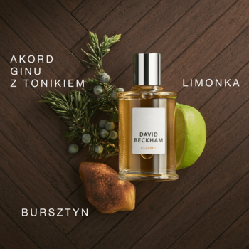 David Beckham Classic EDT, butelka na ciemnym drewnie, otoczona jałowcem, limonką i bursztynem. Widok z góry.